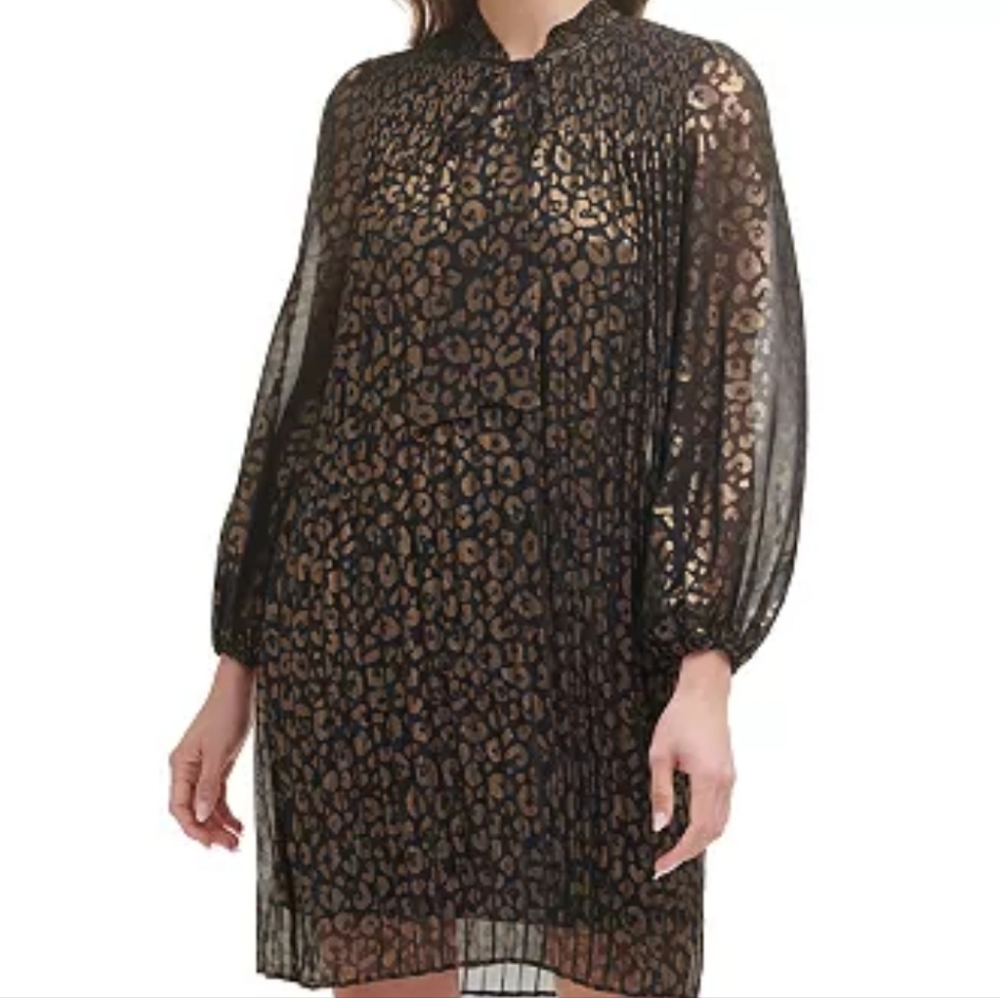 DKNY Leopard-Print Tie-Neck Pleated Dress